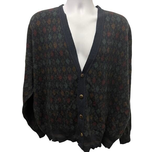 🧶 Florence Tricot Italy Wool Blend Black Cardigan XL – Vintage Argyle Grandpa - Picture 1 of 4